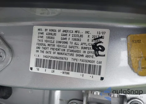 2008 Honda Accord 2.4 Lx-P из США, поврежденный, VIN 1HGCP264X8A058753